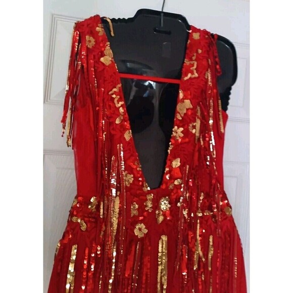 Banjul Sequin Mesh Maxi Dress Gown Size Small Red Gold Party Cocktail Sparkly - Picture 10 of 11